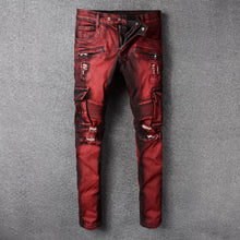 High Street Fashion Men's Jeans Wine Red Spliced Ripped Jeans For Men Big Pocket Cargo Pants Hip Hop Trousers Biker Jeans homme