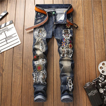 Winter Men's Patchwork Ripped Embroidered Stretch Jeans Trendy Holes Straight Denim Trouers