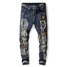 Winter Men's Patchwork Ripped Embroidered Stretch Jeans Trendy Holes Straight Denim Trouers