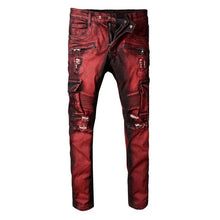 High Street Fashion Men's Jeans Wine Red Spliced Ripped Jeans For Men Big Pocket Cargo Pants Hip Hop Trousers Biker Jeans homme