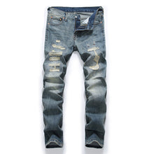 Pantalones vaqueros de moda Retro destruido para hombres, pantalones vaqueros clásicos ajustados, parches bordados, pantalones vaqueros rasgados, ropa de calle para hombres, pantalones vaqueros de Hip Hop