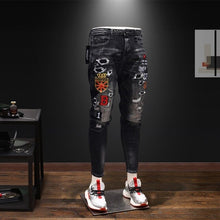 Men New Trend Ripped Embroidery Casual Slim Fit Jeans Pants