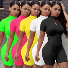 Casual Bodycon Neon Playsuit Summer Women Short Sleeve Turtleneck Jump Suit Elastic Solid Overalls Fitness Biker Tracksuit